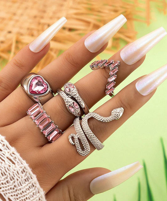 Yu Fashions Silver Pink Crystals Heart High Fashion Korean Ring Set of 5