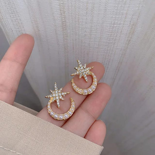 Yu Fashions Star Moon Pearl Rhinestone High Fashion Korean Earrings Stud Pair