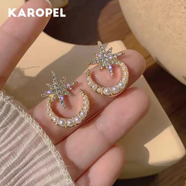 Yu Fashions Star Moon Pearl Rhinestone High Fashion Korean Earrings Stud Pair