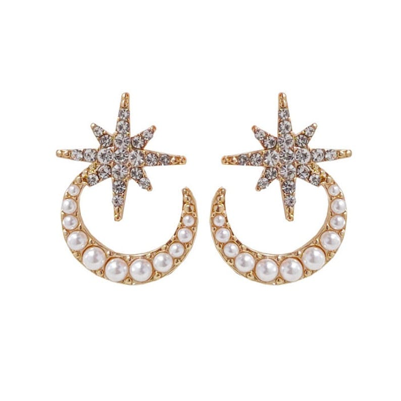 Yu Fashions Star Moon Pearl Rhinestone High Fashion Korean Earrings Stud Pair