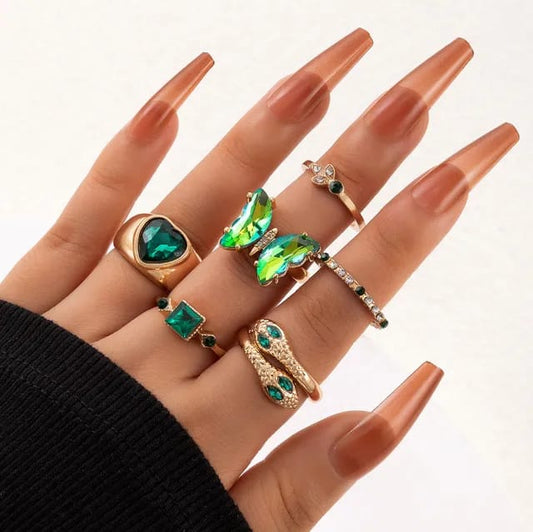 Yu Fashions Green Emerald Crystal Butterfly Heart Snake High Fashion Korean Ring Set of 6