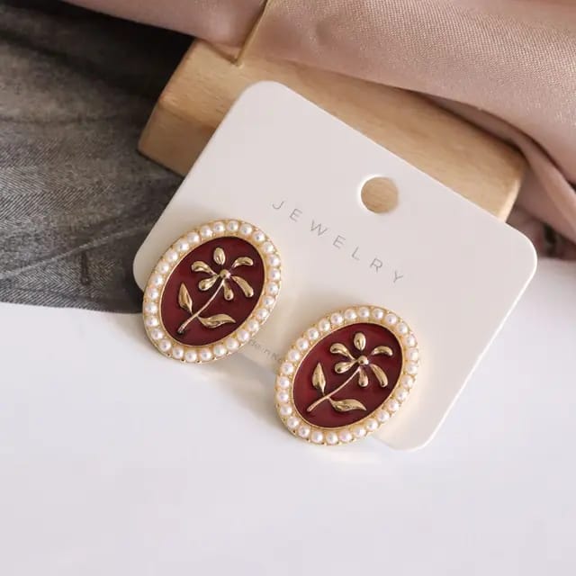Yu Fashions Red Vintage Oval Shaped High Fashion Korean Earrings Stud pair