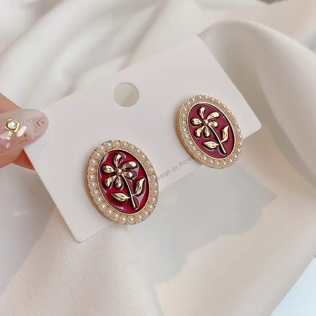 Yu Fashions Red Vintage Oval Shaped High Fashion Korean Earrings Stud pair