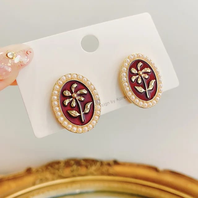 Yu Fashions Red Vintage Oval Shaped High Fashion Korean Earrings Stud pair