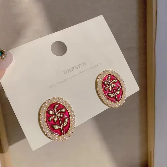 Yu Fashions Red Vintage Oval Shaped High Fashion Korean Earrings Stud pair