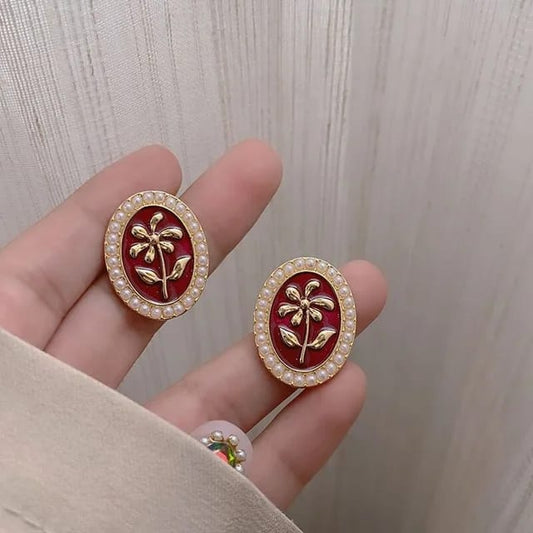 Yu Fashions Red Vintage Oval Shaped High Fashion Korean Earrings Stud pair