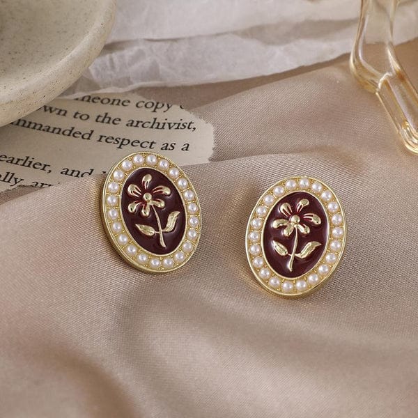 Yu Fashions Red Vintage Oval Shaped High Fashion Korean Earrings Stud pair