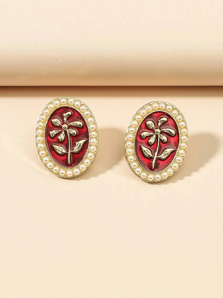 Yu Fashions Red Vintage Oval Shaped High Fashion Korean Earrings Stud pair