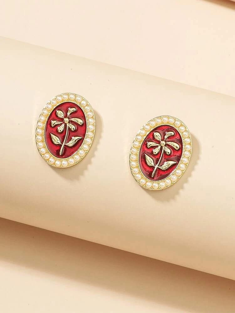 Yu Fashions Red Vintage Oval Shaped High Fashion Korean Earrings Stud pair
