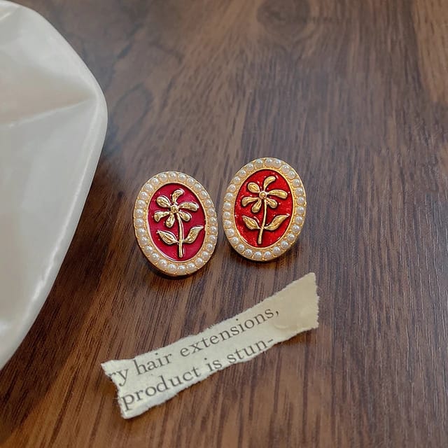 Yu Fashions Red Vintage Oval Shaped High Fashion Korean Earrings Stud pair