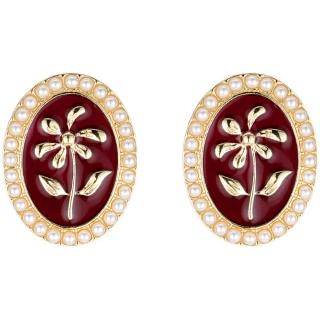 Yu Fashions Red Vintage Oval Shaped High Fashion Korean Earrings Stud pair