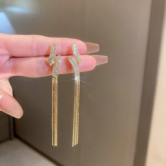 Yu Fashions Geometrical Crystal Twisted  Golden tassel Korean Earrings Pair