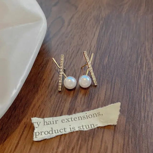 Yu Fashions Cross Rhinestone Pearl High Fashion Korean Earring Stud Pair