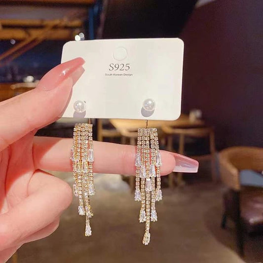 Yu Fashions Crystal Pearl Tassel High Fashion Korean Earrings Pair