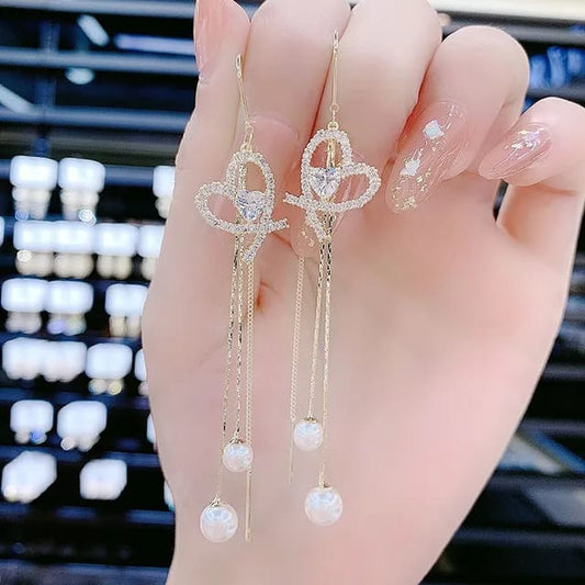 Yu Fashions Heart Shaped Crystal Rhinestone Pearl Drop High Fashion Korean Earrings pair