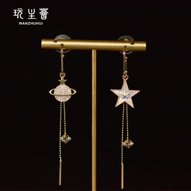 Yu Fashions Star Moon Globe Earth Asymmetrical High Fashion Korean Earrings Pair