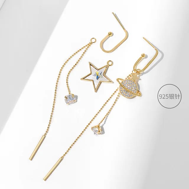 Yu Fashions Star Moon Globe Earth Asymmetrical High Fashion Korean Earrings Pair