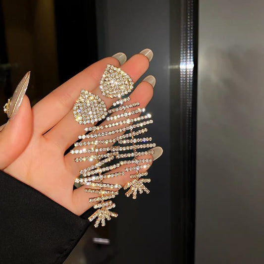 Yu Fashions Fish Skeleton Fish Bone Rhinestone Korean earrings Pair