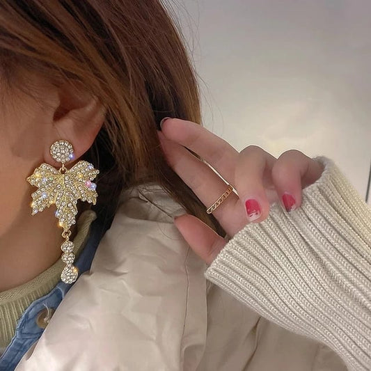 Yu Fashions Maple Leaf crystal Studded High Fashion Korean earrings Pair