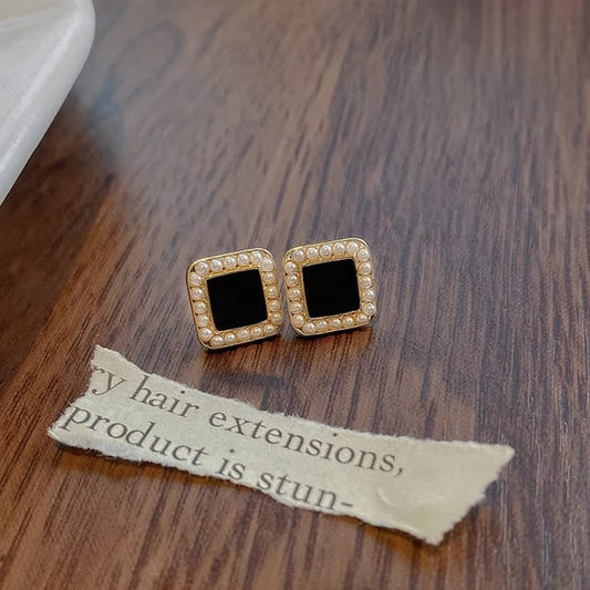 Yu Fashions Pearl Cute Black Stone High Fashion Korean earrings Pair