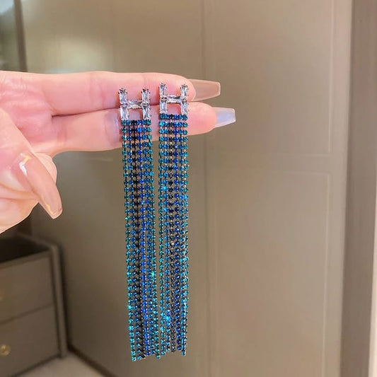 Yu Fashions Crystal Long tassel High Fashion Crystal Korean Earrings Pair