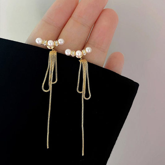 Yu Fashions Pearl Detachable Golden Tassel Chain Korean earrings Pair