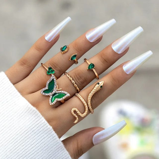 Yu Fashions Green High Fashion Crystal Butterfly Snake Korean Ring Set of 6