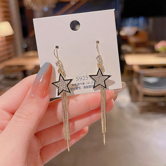 Yu Fashions Black Star Golden Tassel Korean Earrings Pair