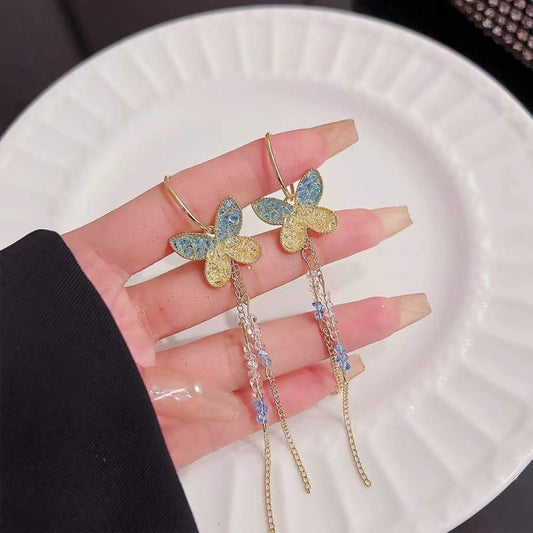 Yu Fashions Green Blue Crystal Golden tassel Korean earrings Pair
