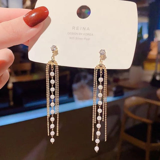 Yu Fashions Chain Tassel Pearl Korean Earrings Pair