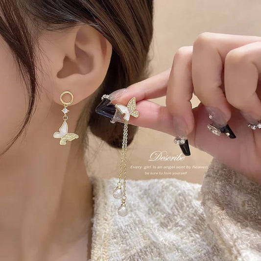 Yu Fashions Butterfly Tassel Golden Asymmetrical Korean Earrings Pair
