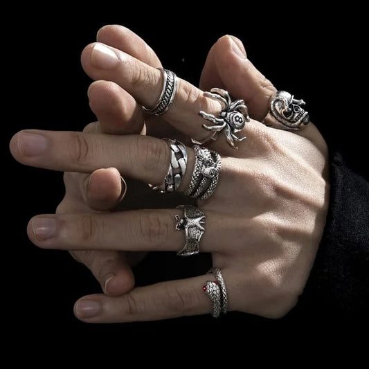 Yu Fashions Bat Number 8 Spider Skull Link Snake Korean Ring Set of 7