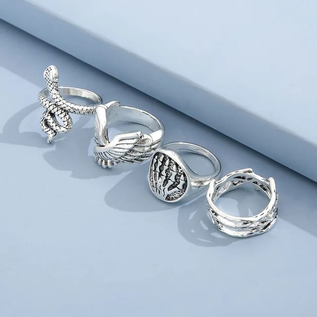 Yu Fashions Feather Wing Snake Wire Link Korean Ring Set of 4