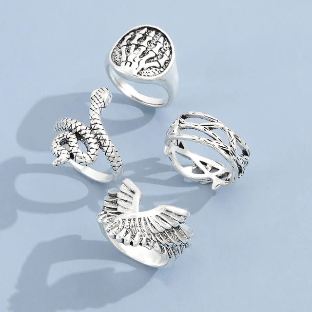 Yu Fashions Feather Wing Snake Wire Link Korean Ring Set of 4