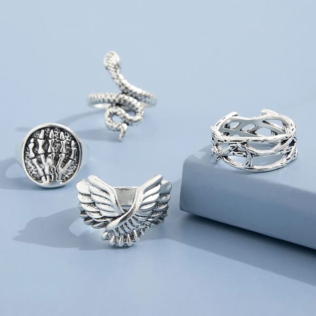 Yu Fashions Feather Wing Snake Wire Link Korean Ring Set of 4