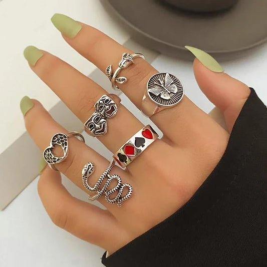 YU Fashions Snake Butterfly Black & Red Heart Mask Rose Heart Wing Korean Ring Set of 6