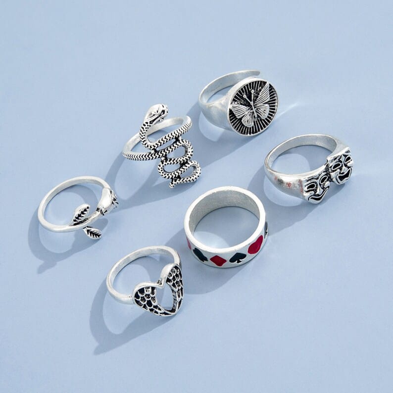 YU Fashions Snake Butterfly Black & Red Heart Mask Rose Heart Wing Korean Ring Set of 6
