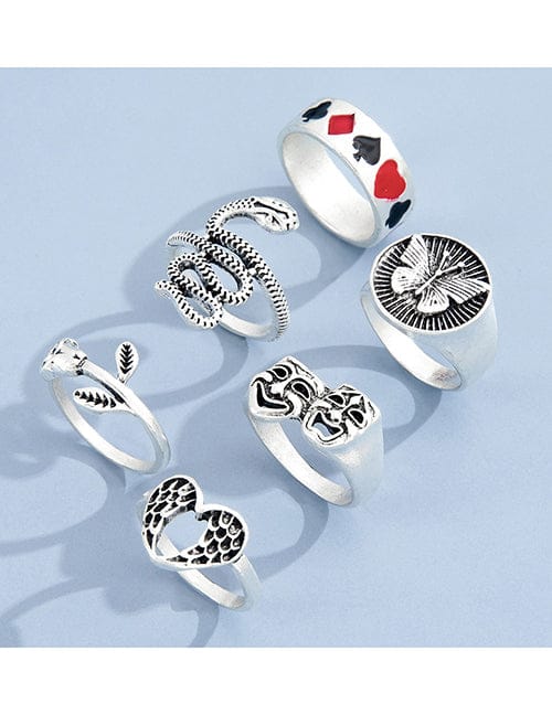 YU Fashions Snake Butterfly Black & Red Heart Mask Rose Heart Wing Korean Ring Set of 6