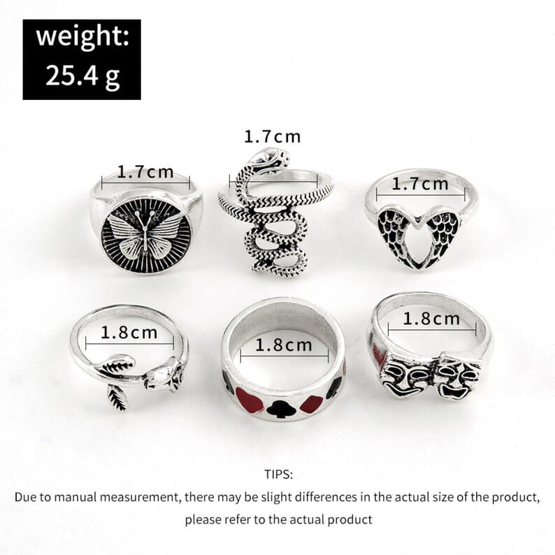 YU Fashions Snake Butterfly Black & Red Heart Mask Rose Heart Wing Korean Ring Set of 6