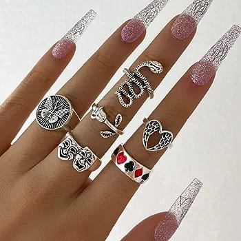 YU Fashions Snake Butterfly Black & Red Heart Mask Rose Heart Wing Korean Ring Set of 6