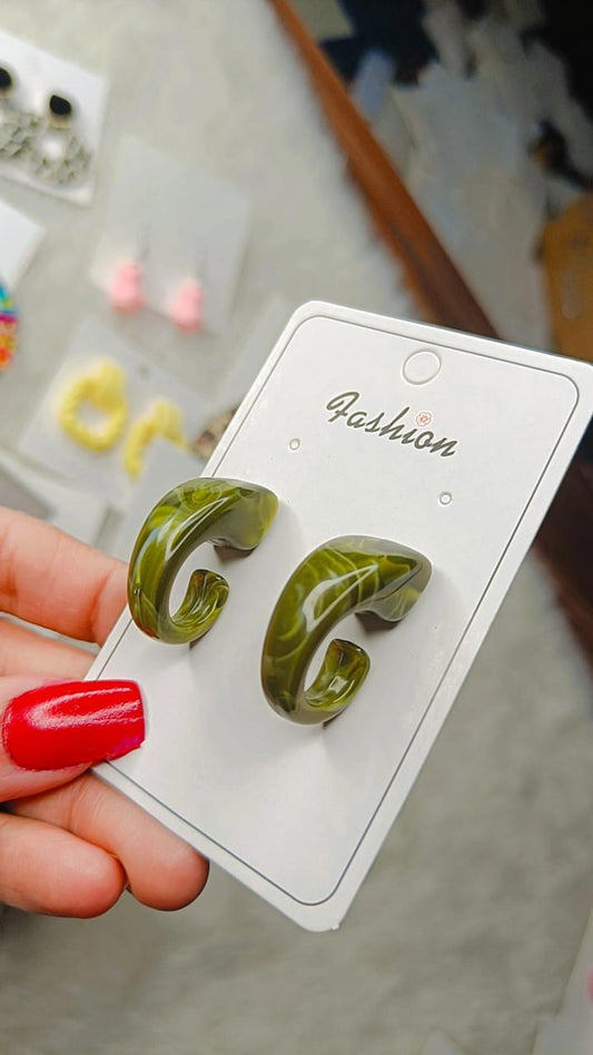 Yu Fashions Green & White Marble Print High Fashion Geometrical Hoop Korean Earrings Pair Deal