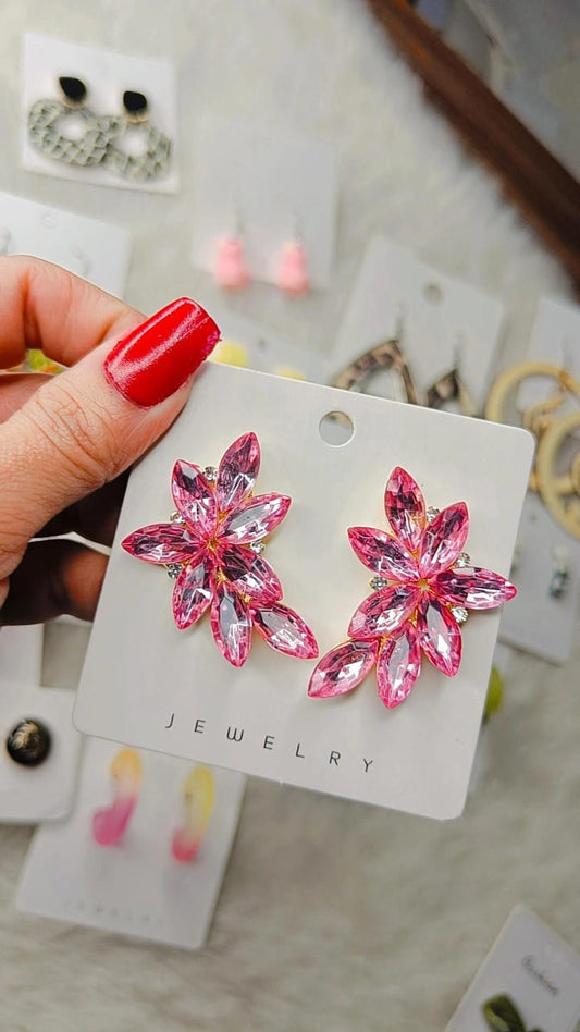 Yu Fashions Pink Stone High Fashion Flower Korean Earrings Pair