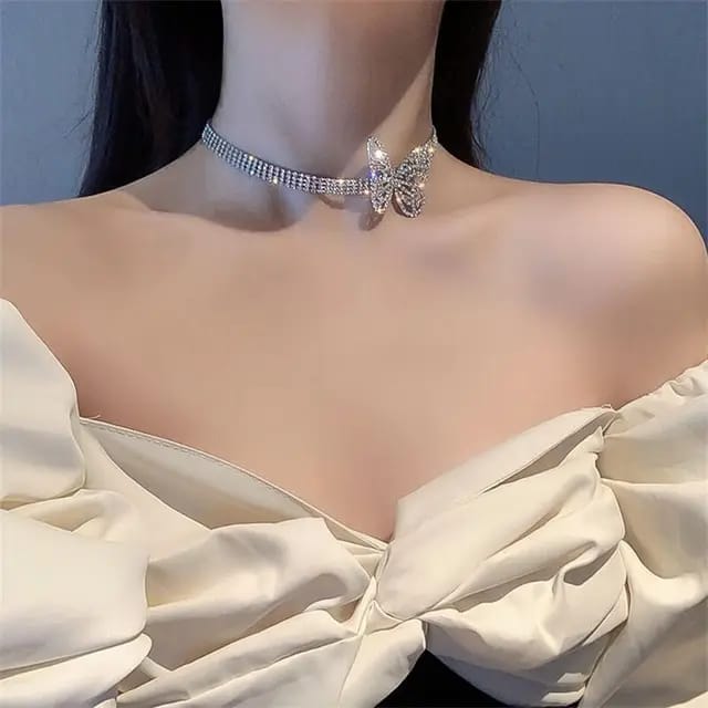 Yu Fashions crystal butterflies choker cuban tennis link girls necklace for Women