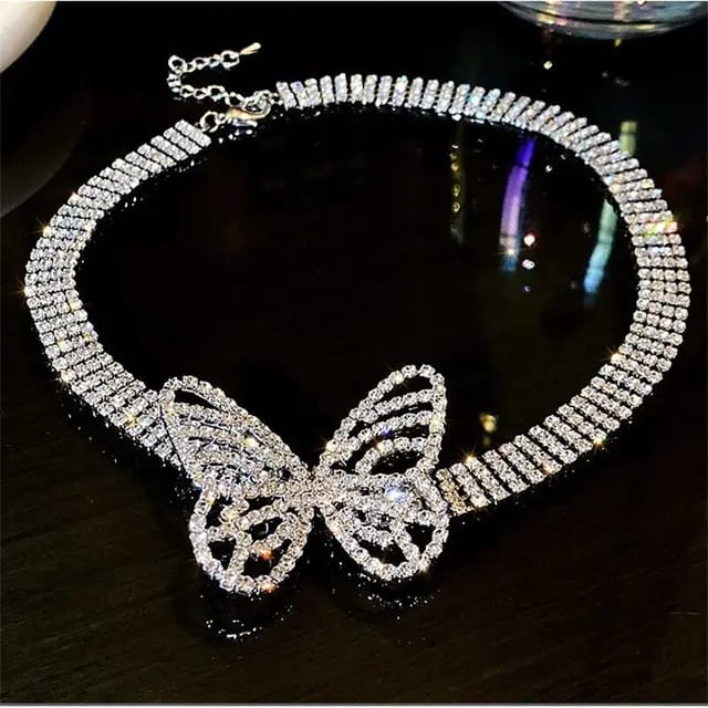 Yu Fashions crystal butterflies choker cuban tennis link girls necklace for Women