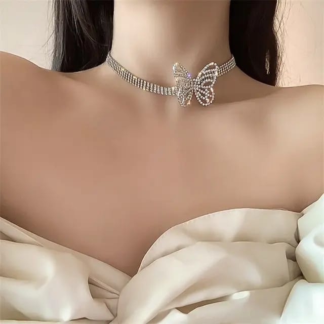 Yu Fashions crystal butterflies choker cuban tennis link girls necklace for Women