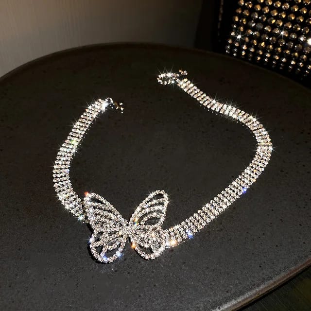 Yu Fashions crystal butterflies choker cuban tennis link girls necklace for Women