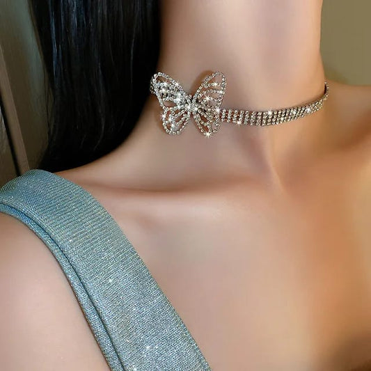 Yu Fashions crystal butterflies choker cuban tennis link girls necklace for Women