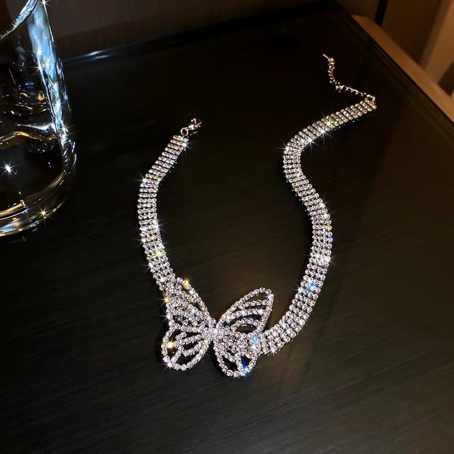 Yu Fashions crystal butterflies choker cuban tennis link girls necklace for Women