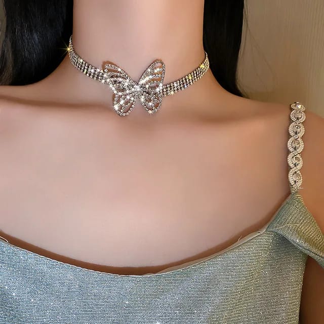 Yu Fashions crystal butterflies choker cuban tennis link girls necklace for Women