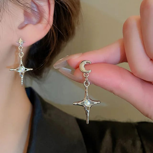 Yu Fashions Dainty Moon & Star Pendent Asymmetric Korean Earrings for Women